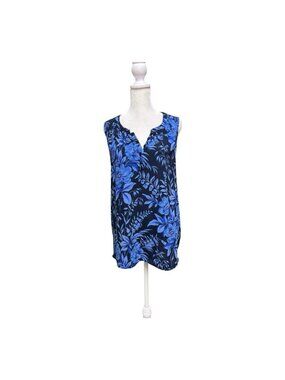 LOFT Blue Floral Sleeveless Blouse Womens Medium Split Neck Top